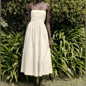 NWT Zara Linen Beaded Strap Tie Up Back Backless Midi Ecru Beige Dress